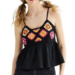 Dizzy Lizzy Crochet Tank Top Floral Smocked Back 100% Cotton Made in India Sz S